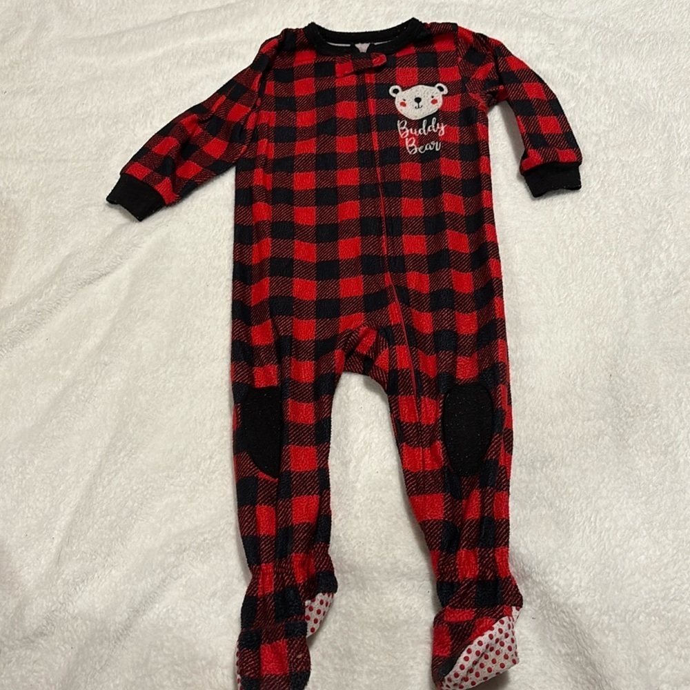 Cuddl Duds 12 months Buddy Bear Christmas footed pajamas red and black checkered